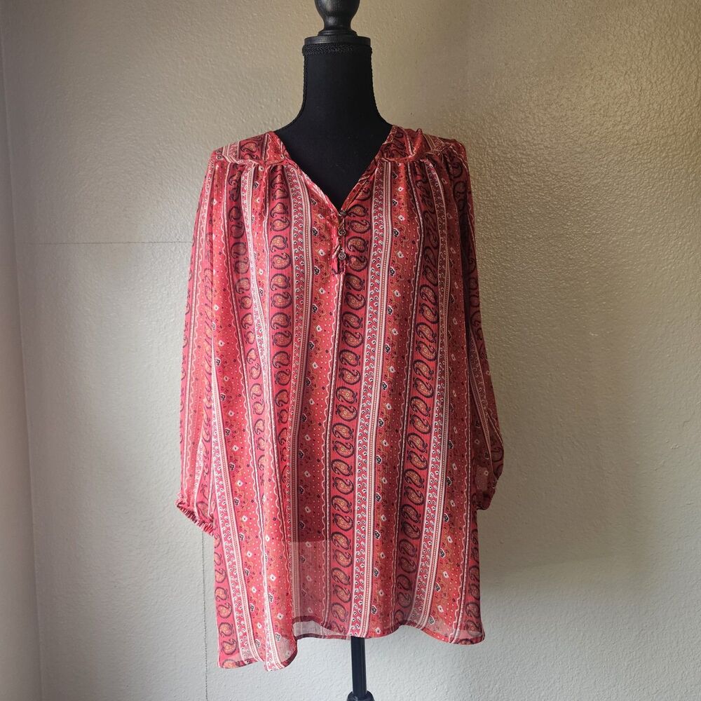 Rose & Olive Womens 2X Boho Paisley Peasant Tunic Blouse 3/4 Sleeve Red O447